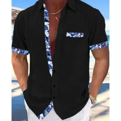 New OUKU Men's Shirt Linen Shirt Summer Shirt Beach Wear Button Up Shirt Plain Vacation Curise Black White Pink Navy Blue Short Sleeve Collar Summer Spring Clothing Apparel