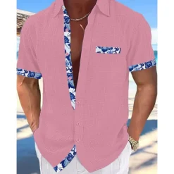New OUKU Men's Shirt Linen Shirt Summer Shirt Beach Wear Button Up Shirt Plain Vacation Curise Black White Pink Navy Blue Short Sleeve Collar Summer Spring Clothing Apparel