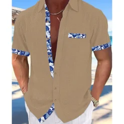New OUKU Men's Shirt Linen Shirt Summer Shirt Beach Wear Button Up Shirt Plain Vacation Curise Black White Pink Navy Blue Short Sleeve Collar Summer Spring Clothing Apparel