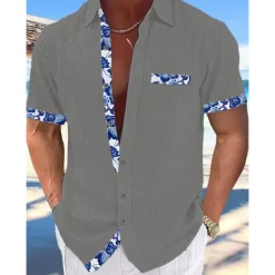 New OUKU Men's Shirt Linen Shirt Summer Shirt Beach Wear Button Up Shirt Plain Vacation Curise Black White Pink Navy Blue Short Sleeve Collar Summer Spring Clothing Apparel