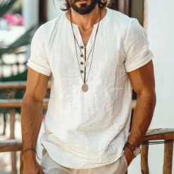 New OUKU Men's Shirt Linen Shirt Summer Shirt Beach Shirt Solid Color Vacation Curise Black White Short Sleeve Round Neck Summer Spring Clothing Apparel