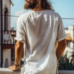 New OUKU Men's Shirt Linen Shirt Summer Shirt Beach Shirt Solid Color Vacation Curise Black White Short Sleeve Round Neck Summer Spring Clothing Apparel