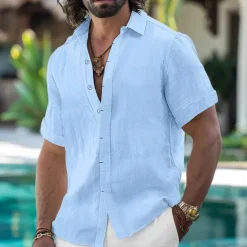 Online OUKU Men's Shirt Linen Shirt Summer Shirt Button Down Shirt Casual Shirt Beach Shirt Solid Color Vacation Daily Black White Pink Blue Short Sleeve Collar Summer Clothing Apparel