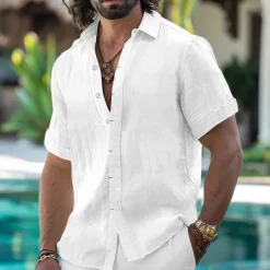 Online OUKU Men's Shirt Linen Shirt Summer Shirt Button Down Shirt Casual Shirt Beach Shirt Solid Color Vacation Daily Black White Pink Blue Short Sleeve Collar Summer Clothing Apparel