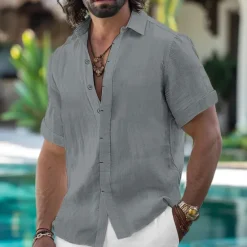 Online OUKU Men's Shirt Linen Shirt Summer Shirt Button Down Shirt Casual Shirt Beach Shirt Solid Color Vacation Daily Black White Pink Blue Short Sleeve Collar Summer Clothing Apparel