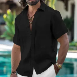 Online OUKU Men's Shirt Linen Shirt Summer Shirt Button Down Shirt Casual Shirt Beach Shirt Solid Color Vacation Daily Black White Pink Blue Short Sleeve Collar Summer Clothing Apparel