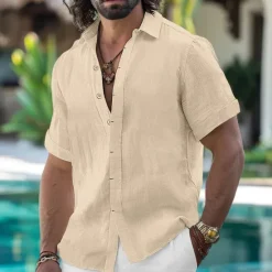 Online OUKU Men's Shirt Linen Shirt Summer Shirt Button Down Shirt Casual Shirt Beach Shirt Solid Color Vacation Daily Black White Pink Blue Short Sleeve Collar Summer Clothing Apparel