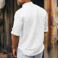 Outlet OUKU Men's Shirt Linen Shirt Summer Shirt Long Sleeve Solid Color Standing Collar Spring & Summer Street Daily Clothing Apparel White