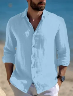 Clearance OUKU Men's Shirt Linen Shirt Summer Shirt Beach Wear Casual Shirt Button Up Shirt Plain Vacation Casual Black White Pink Blue Long Sleeve Lapel Spring & Summer Clothing Apparel