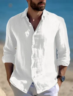 Clearance OUKU Men's Shirt Linen Shirt Summer Shirt Beach Wear Casual Shirt Button Up Shirt Plain Vacation Casual Black White Pink Blue Long Sleeve Lapel Spring & Summer Clothing Apparel