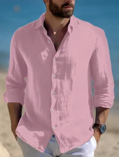 Clearance OUKU Men's Shirt Linen Shirt Summer Shirt Beach Wear Casual Shirt Button Up Shirt Plain Vacation Casual Black White Pink Blue Long Sleeve Lapel Spring & Summer Clothing Apparel