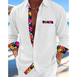 Hot OUKU Men's Shirt Linen Shirt Summer Shirt Beach Wear Button Up Shirt Plain Vacation Curise Black White Pink Blue Long Sleeve Collar Spring & Summer Clothing Apparel