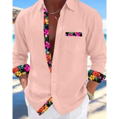 Hot OUKU Men's Shirt Linen Shirt Summer Shirt Beach Wear Button Up Shirt Plain Vacation Curise Black White Pink Blue Long Sleeve Collar Spring & Summer Clothing Apparel