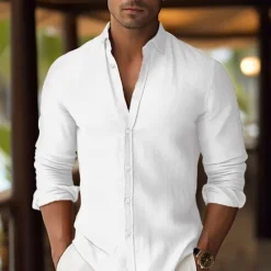 Hot OUKU Men's Shirt Linen Shirt Summer Shirt Beach Wear Button Up Shirt Plain Vacation Curise White Pink Blue Orange Long Sleeve Lapel Spring & Summer Clothing Apparel