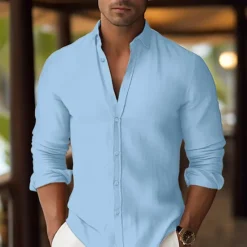 Hot OUKU Men's Shirt Linen Shirt Summer Shirt Beach Wear Button Up Shirt Plain Vacation Curise White Pink Blue Orange Long Sleeve Lapel Spring & Summer Clothing Apparel