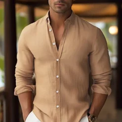 Hot OUKU Men's Shirt Linen Shirt Summer Shirt Beach Wear Button Up Shirt Plain Vacation Curise White Pink Blue Orange Long Sleeve Lapel Spring & Summer Clothing Apparel