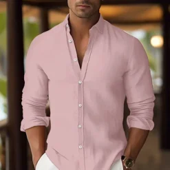 Hot OUKU Men's Shirt Linen Shirt Summer Shirt Beach Wear Button Up Shirt Plain Vacation Curise White Pink Blue Orange Long Sleeve Lapel Spring & Summer Clothing Apparel