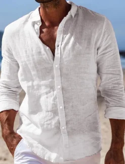 Outlet OUKU Men's Shirt Linen Shirt Summer Shirt Beach Wear Button Up Shirt Plain Casual Daily Black White Pink Navy Blue Long Sleeve Turndown Spring & Summer Clothing Apparel