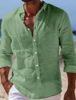 Outlet OUKU Men's Shirt Linen Shirt Summer Shirt Beach Wear Button Up Shirt Plain Casual Daily Black White Pink Navy Blue Long Sleeve Turndown Spring & Summer Clothing Apparel