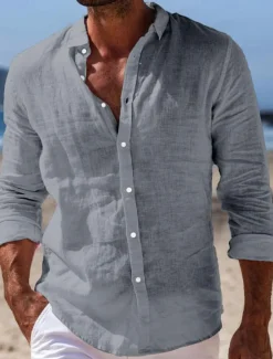 Outlet OUKU Men's Shirt Linen Shirt Summer Shirt Beach Wear Button Up Shirt Plain Casual Daily Black White Pink Navy Blue Long Sleeve Turndown Spring & Summer Clothing Apparel