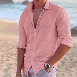 Online OUKU Men's Shirt Linen Shirt Summer Shirt Beach Wear Button Up Shirt Solid Color Outdoor Vacation Black White Pink Blue Long Sleeve Turndown Spring & Summer Clothing Apparel Button-Down