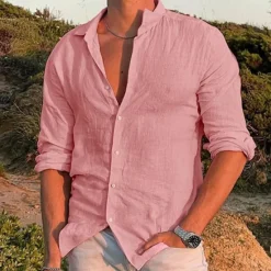 Online OUKU Men's Shirt Linen Shirt Summer Shirt Beach Wear Button Up Shirt Solid Color Outdoor Vacation Black White Pink Blue Long Sleeve Turndown Spring & Summer Clothing Apparel Button-Down