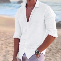 Online OUKU Men's Shirt Linen Shirt Summer Shirt Beach Wear Button Up Shirt Solid Color Outdoor Vacation Black White Pink Blue Long Sleeve Turndown Spring & Summer Clothing Apparel Button-Down