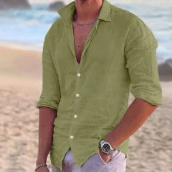 Online OUKU Men's Shirt Linen Shirt Summer Shirt Beach Wear Button Up Shirt Solid Color Outdoor Vacation Black White Pink Blue Long Sleeve Turndown Spring & Summer Clothing Apparel Button-Down