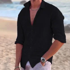 Online OUKU Men's Shirt Linen Shirt Summer Shirt Beach Wear Button Up Shirt Solid Color Outdoor Vacation Black White Pink Blue Long Sleeve Turndown Spring & Summer Clothing Apparel Button-Down