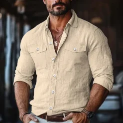 Best OUKU Men's Shirt Linen Shirt Summer Shirt Button Up Shirt Solid Color Vacation Street White Green Khaki Light Blue Long Sleeve Collar Clothing Apparel Pocket