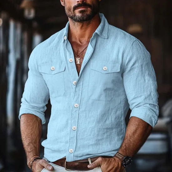 Best OUKU Men's Shirt Linen Shirt Summer Shirt Button Up Shirt Solid Color Vacation Street White Green Khaki Light Blue Long Sleeve Collar Clothing Apparel Pocket