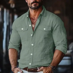 Best OUKU Men's Shirt Linen Shirt Summer Shirt Button Up Shirt Solid Color Vacation Street White Green Khaki Light Blue Long Sleeve Collar Clothing Apparel Pocket