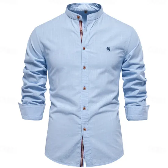 Clearance OUKU Men's Shirt Linen Shirt Summer Shirt Button Up Shirt Plain Casual Daily Black White Light Green Navy Blue Long Sleeve Collar Spring & Summer Clothing Apparel