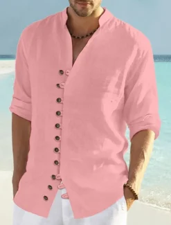 Discount OUKU Men's Shirt Linen Shirt Summer Shirt Beach Wear Button Up Shirt Plain Vacation Curise Black White Pink Blue Long Sleeve Collar Spring & Summer Clothing Apparel