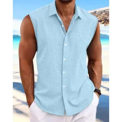 Discount OUKU Men's Shirt Linen Shirt Summer Shirt Beach Wear Button Up Shirt Plain Vacation Curise White Pink Light Blue Short Sleeve Collar Summer Spring Clothing Apparel