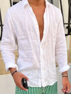 Best OUKU Men's Shirt Linen Shirt Summer Shirt Beach Shirt Untucked Shirts Plain Vacation Casual Black White Pink Royal Blue Long Sleeve Lapel Spring & Summer Clothing Apparel
