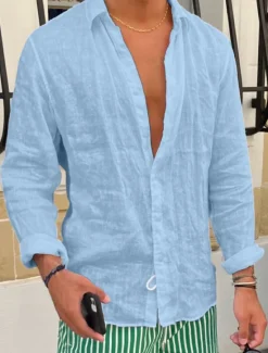 Best OUKU Men's Shirt Linen Shirt Summer Shirt Beach Shirt Untucked Shirts Plain Vacation Casual Black White Pink Royal Blue Long Sleeve Lapel Spring & Summer Clothing Apparel