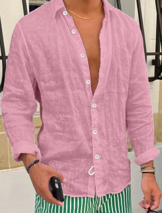 Best OUKU Men's Shirt Linen Shirt Summer Shirt Beach Shirt Untucked Shirts Plain Vacation Casual Black White Pink Royal Blue Long Sleeve Lapel Spring & Summer Clothing Apparel
