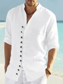 Sale OUKU Men's Shirt Linen Shirt Summer Shirt Beach Shirt Plain Casual Daily Black White Pink Blue Long Sleeve Collar Spring & Summer Clothing Apparel