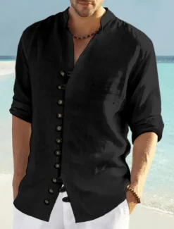 Sale OUKU Men's Shirt Linen Shirt Summer Shirt Beach Shirt Plain Casual Daily Black White Pink Blue Long Sleeve Collar Spring & Summer Clothing Apparel