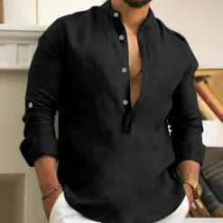 Discount OUKU Men's Shirt Linen Shirt Summer Shirt Beach Shirt Henley Shirt Black White Yellow Long Sleeve Plain Henley Spring & Summer Casual Daily Clothing Apparel