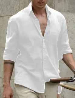 Online OUKU Men's Shirt Linen Shirt Summer Shirt Beach Wear Casual Shirt Button Up Shirt Plain Casual Daily White Brown Light Blue Long Sleeve Lapel Spring & Summer Clothing Apparel