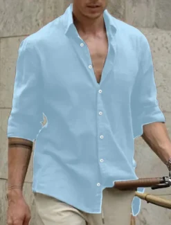 Online OUKU Men's Shirt Linen Shirt Summer Shirt Beach Wear Casual Shirt Button Up Shirt Plain Casual Daily White Brown Light Blue Long Sleeve Lapel Spring & Summer Clothing Apparel