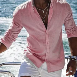 Clearance OUKU Men's Shirt Linen Shirt Summer Shirt Beach Shirt Yellow Pink Blue Long Sleeve Plain Lapel Spring & Summer Hawaiian Holiday Clothing Apparel Basic