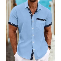 Online OUKU Men's Shirt Linen Shirt Summer Shirt Beach Wear Button Up Shirt Plain Casual Daily White Blue Green Khaki Short Sleeve Collar Summer Spring Clothing Apparel