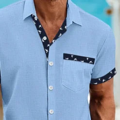 Online OUKU Men's Shirt Linen Shirt Summer Shirt Beach Wear Button Up Shirt Plain Casual Daily White Blue Green Khaki Short Sleeve Collar Summer Spring Clothing Apparel