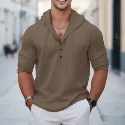 New OUKU Men's Shirt Linen Shirt Summer Shirt Beach Wear Plain Vacation Curise White Red Blue Brown Long Sleeve Hooded Spring & Summer Clothing Apparel