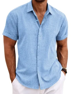 Clearance OUKU Men's Shirt Linen Shirt Summer Shirt Casual Shirt Beach Shirt Button Down Shirt Plain Casual Daily Black White Blue Green Short Sleeve Lapel Summer Clothing Apparel