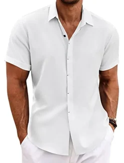 Clearance OUKU Men's Shirt Linen Shirt Summer Shirt Casual Shirt Beach Shirt Button Down Shirt Plain Casual Daily Black White Blue Green Short Sleeve Lapel Summer Clothing Apparel