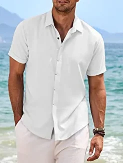 Clearance OUKU Men's Shirt Linen Shirt Summer Shirt Casual Shirt Beach Shirt Button Down Shirt Plain Casual Daily Black White Blue Green Short Sleeve Lapel Summer Clothing Apparel